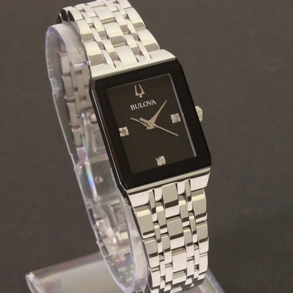 Bulova Ladies Quadra Watch Diamond Indices Black Dial Stainless 20mm